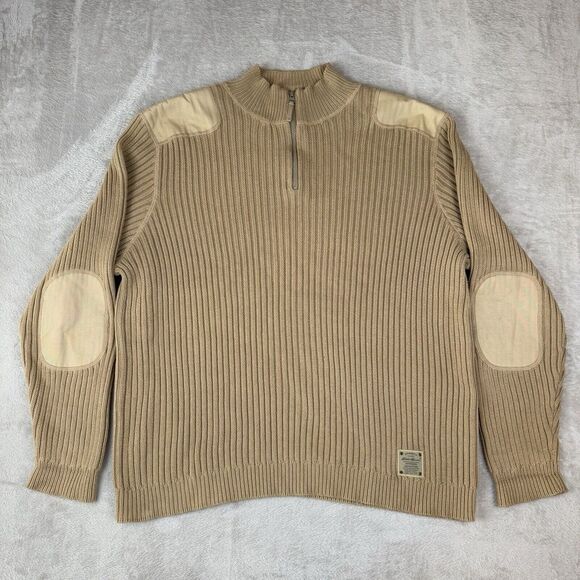 Eddie Bauer Mens Sweater XL‎ Knit Tan Teflon Treated Elbow Patch English Country - Picture 1 of 11
